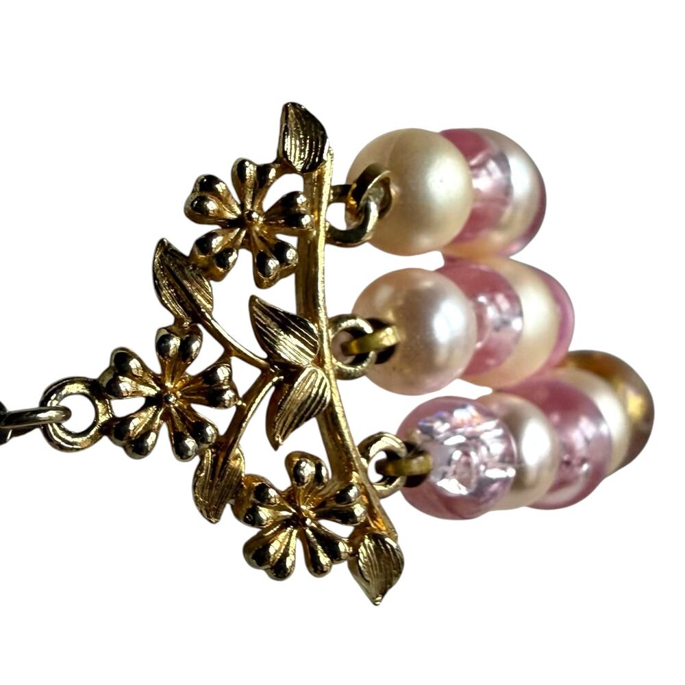 Vintage Coro Pink Faux Pearl Crackle Glass Multi Strand Collar Necklace - Picture 5 of 8